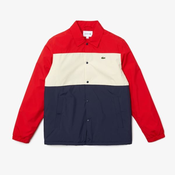 Lacoste Colorblock Water-Resistant Quilted Overshirt - Tílka Pánské Červené / Béžový / Tmavě Blankyt